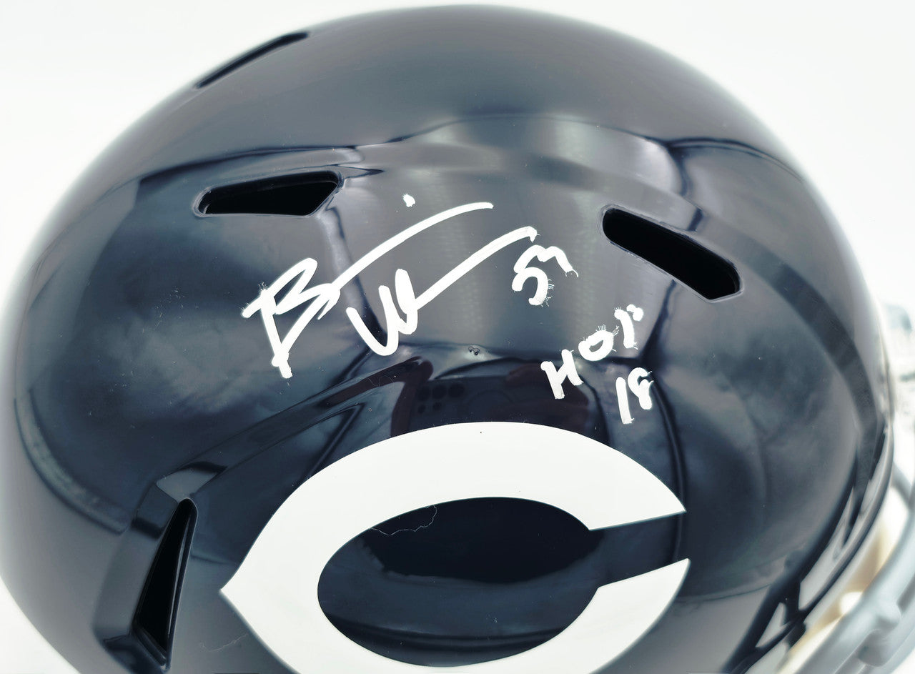 Brian Urlacher Autographed Chicago Bears Blue Full Size Speed Replica Helmet "HOF 18" Beckett BAS Witness #4W469051