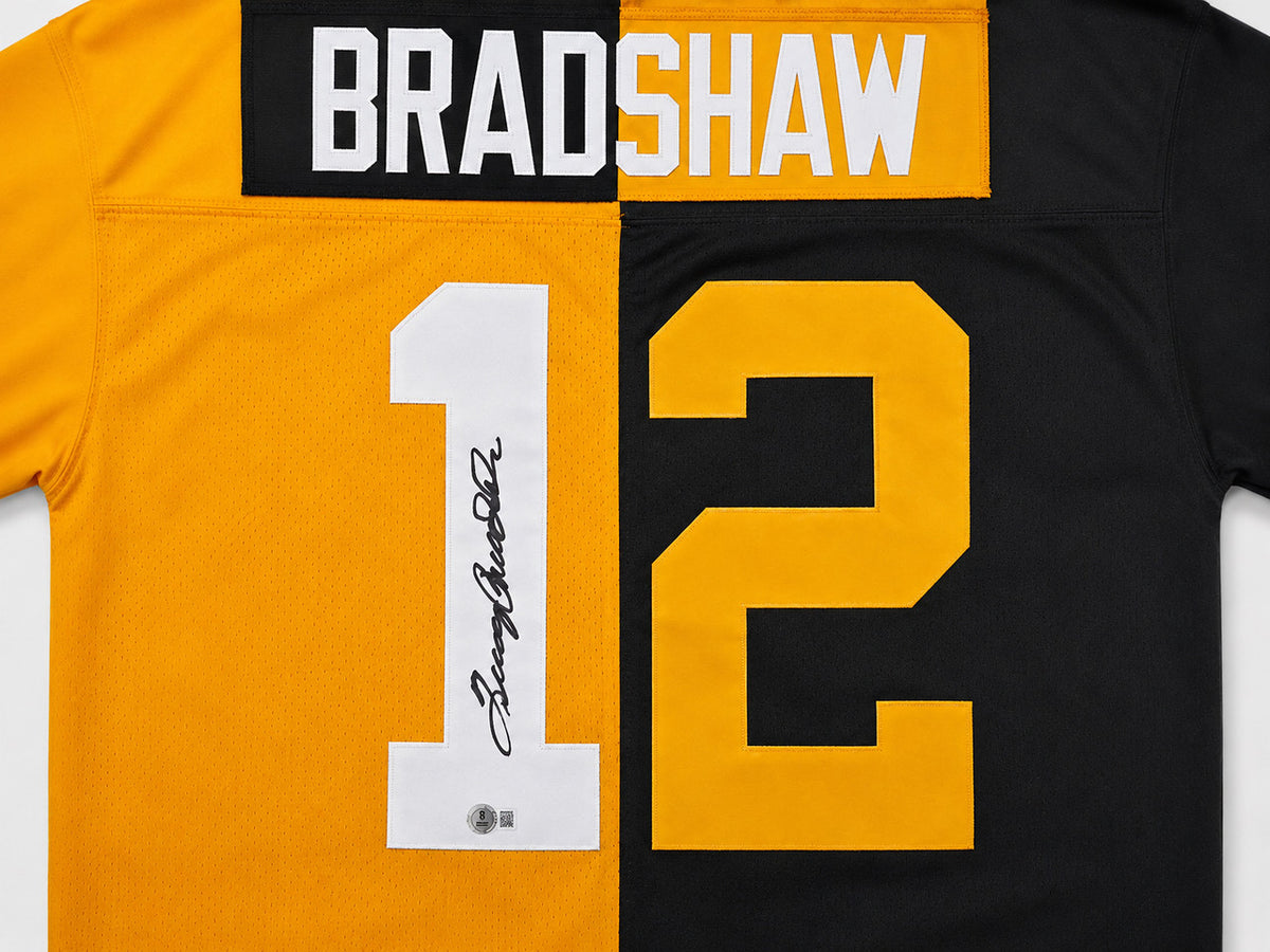 Pittsburgh Steelers Terry Bradshaw Autographed Black & Yello Mitchell & Ness Authentic Jersey Size XL Beckett BAS Witness #1W494552
