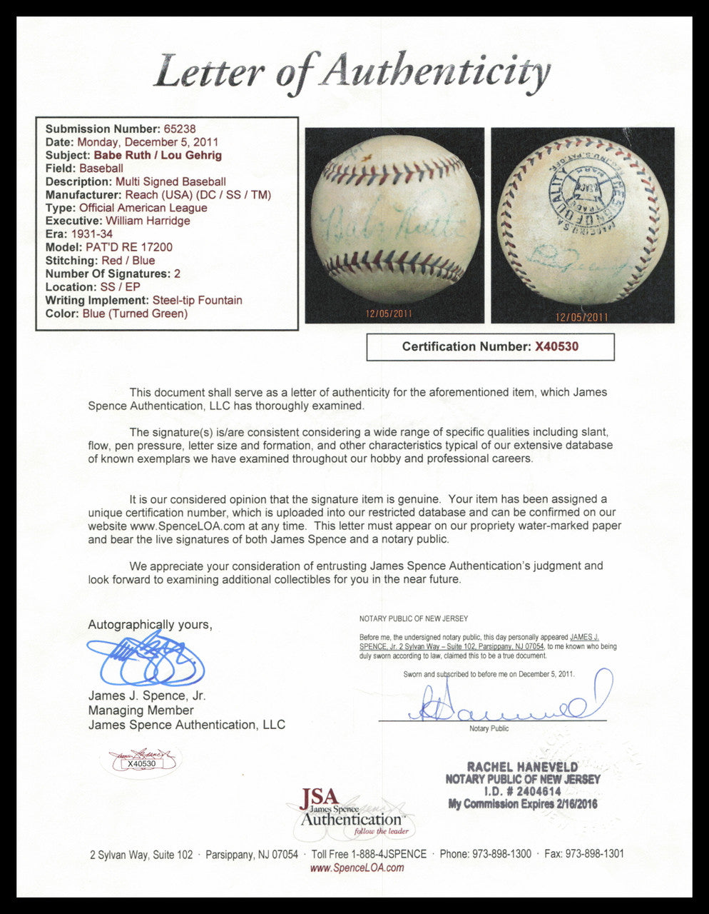 Babe Ruth & Lou Gehrig Autographed Official AL Harridge Baseball New York Yankees JSA #X40530