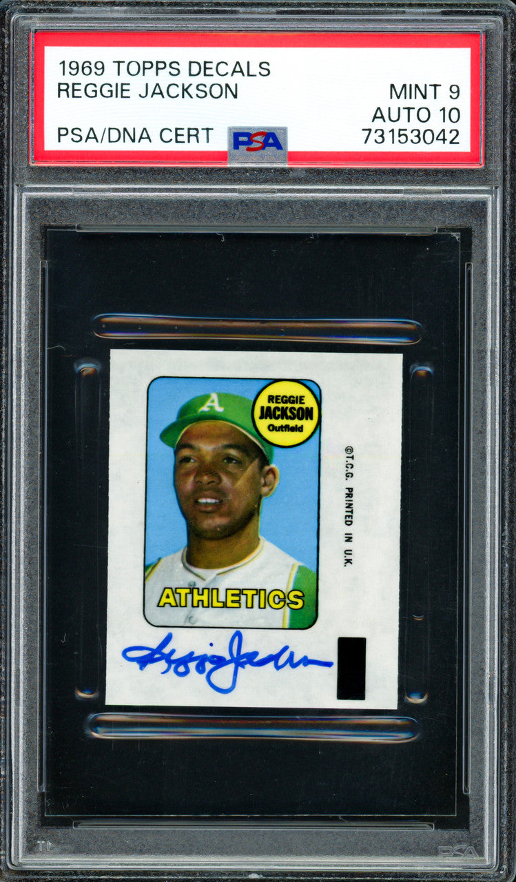Reggie Jackson Autographed 1969 Topps Decals Rookie Card Oakland A's PSA 9 Auto Grade Gem Mint 10 PSA/DNA #73153042