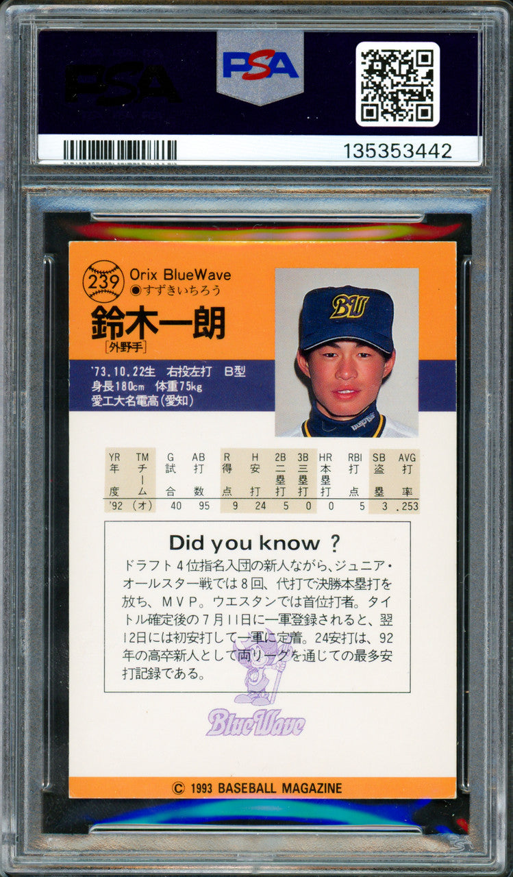 Ichiro Suzuki Autographed 1993 BBM Rookie Card #239 Orix Blue Wave "#51" In Kanji PSA/DNA #135353442