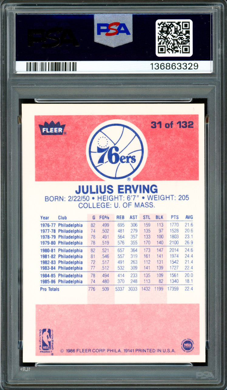 Julius Dr. J Erving Autographed 1986-87 Fleer Card #31 Philadelphia 76ers PSA 7 Auto Grade Gem Mint 10 PSA/DNA #136863329