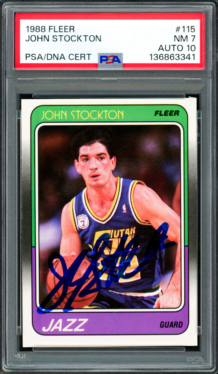 John Stockton Autographed 1988-89 Fleer Rookie Card #115 Utah Jazz PSA 7 Auto Grade Gem Mint 10 PSA/DNA #136863341