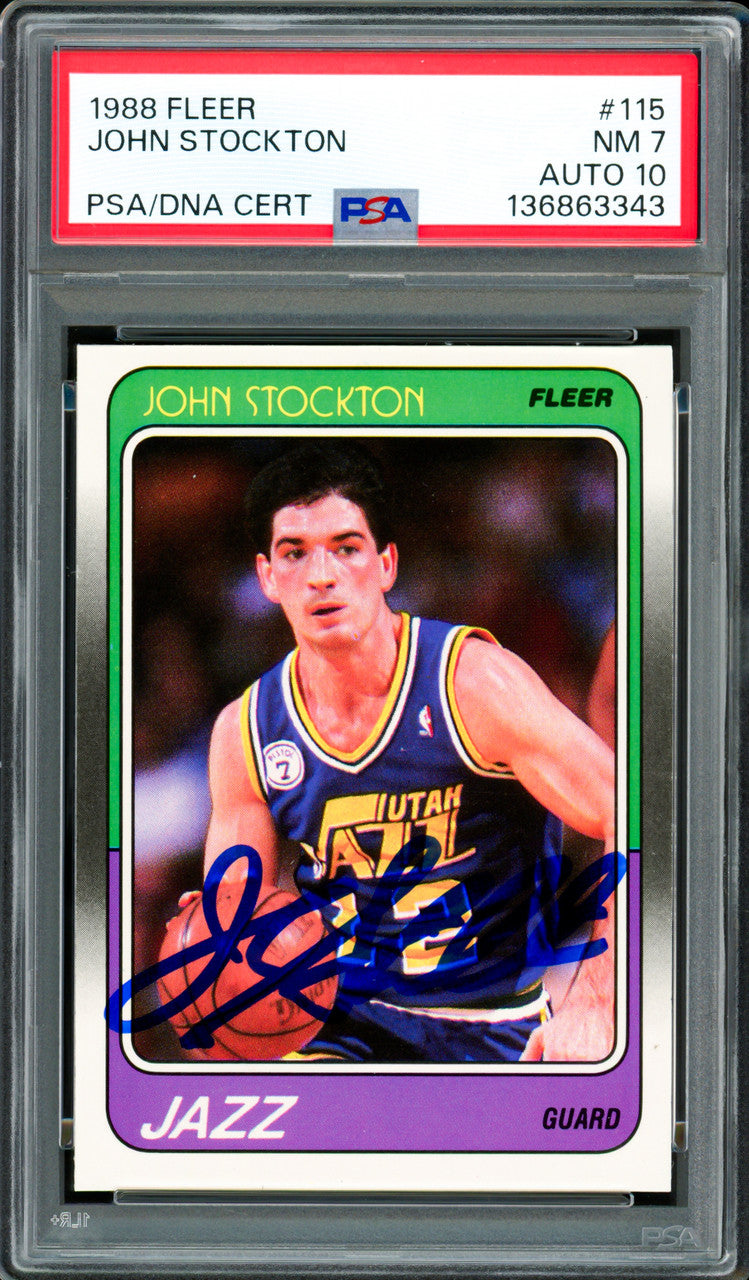 John Stockton Autographed 1988-89 Fleer Rookie Card #115 Utah Jazz PSA 7 Auto Grade Gem Mint 10 PSA/DNA #136863343