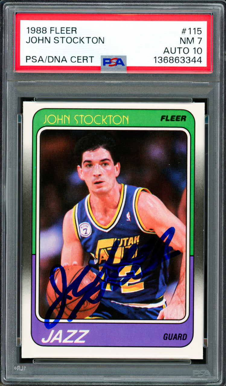 John Stockton Autographed 1988-89 Fleer Rookie Card #115 Utah Jazz PSA 7 Auto Grade Gem Mint 10 PSA/DNA #136863344