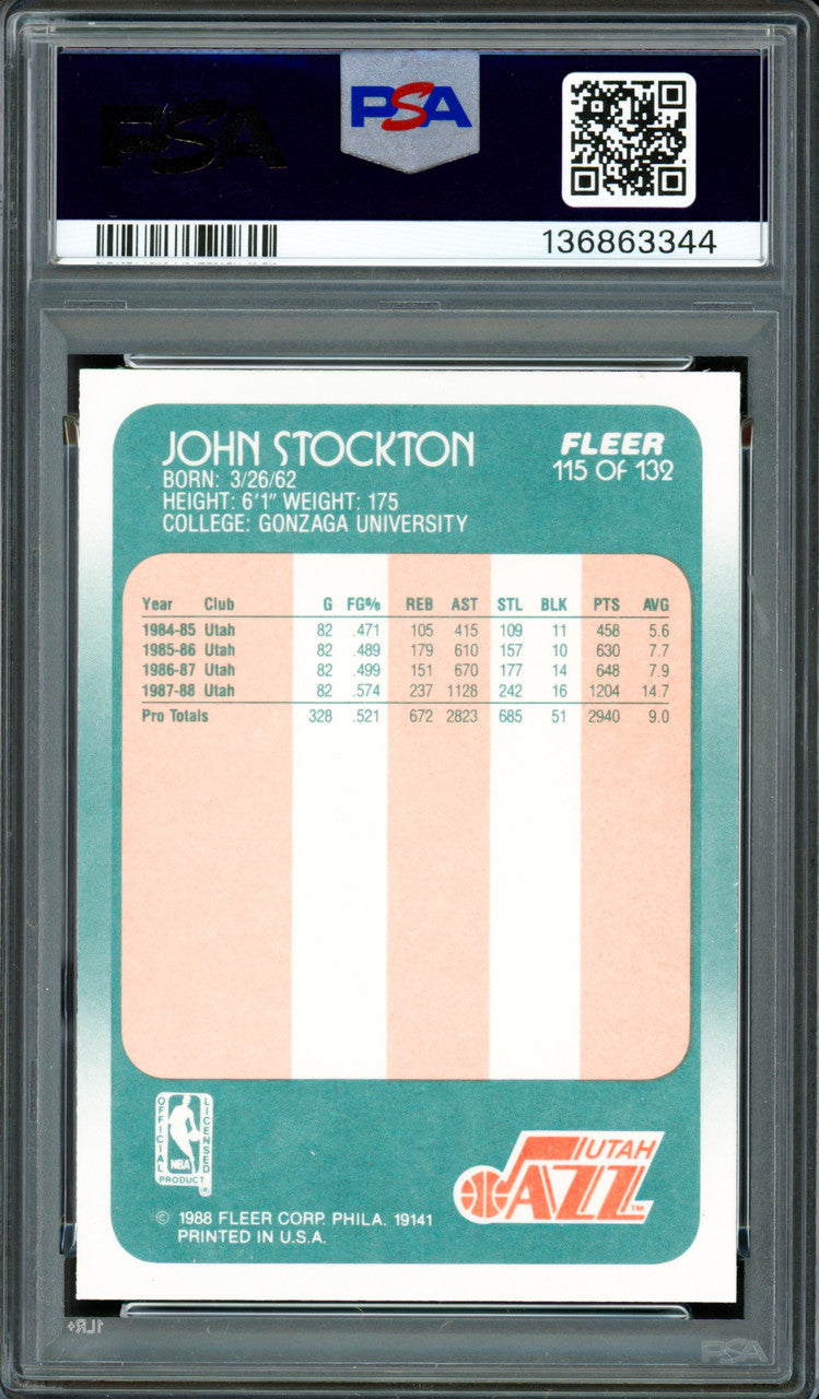 John Stockton Autographed 1988-89 Fleer Rookie Card #115 Utah Jazz PSA 7 Auto Grade Gem Mint 10 PSA/DNA #136863344