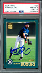 Ichiro Suzuki Autographed 2001 Topps Rookie Card #726 Seattle Mariners PSA 8 Auto Grade Gem Mint 10 PSA/DNA #136863313