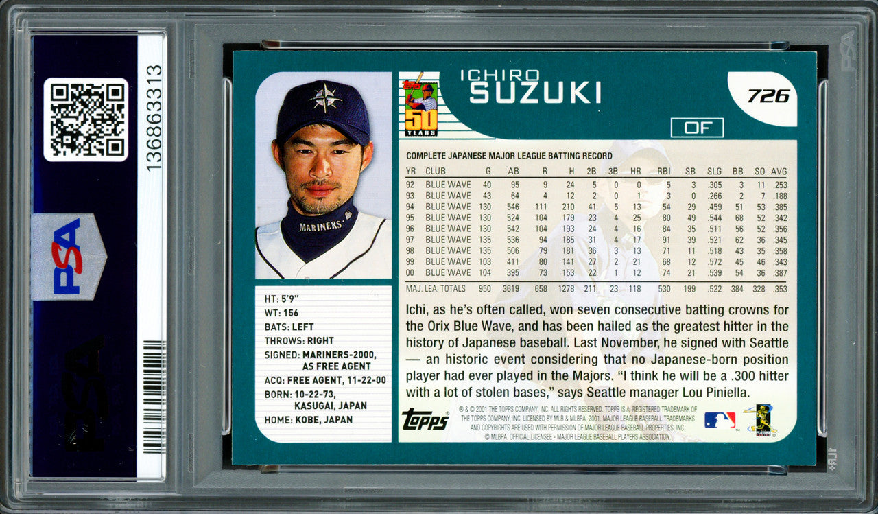 Ichiro Suzuki Autographed 2001 Topps Rookie Card #726 Seattle Mariners PSA 8 Auto Grade Gem Mint 10 PSA/DNA #136863313