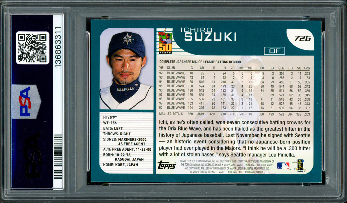 Ichiro Suzuki Autographed 2001 Topps Rookie Card #726 Seattle Mariners PSA 8 Auto Grade Gem Mint 10 PSA/DNA #136863311