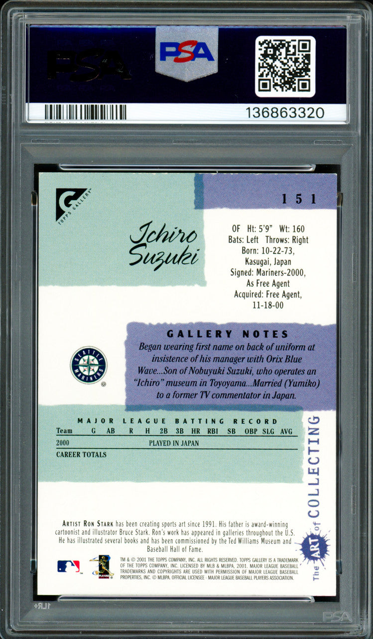 Ichiro Suzuki Autographed 2001 Topps Gallery English Rookie Card #151 Seattle Mariners PSA 8 Auto Grade Gem Mint 10 PSA/DNA #136863320