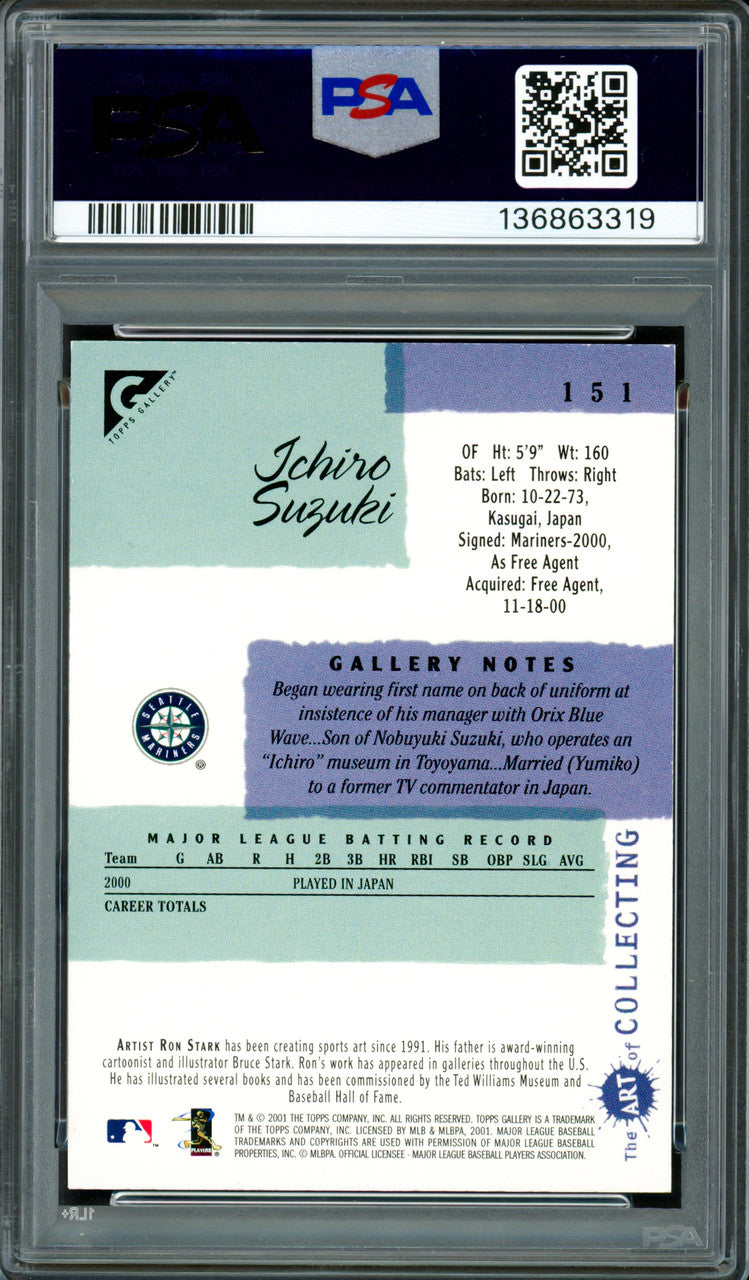 Ichiro Suzuki Autographed 2001 Topps Gallery English Rookie Card #151 Seattle Mariners PSA 8 Auto Grade Gem Mint 10 PSA/DNA #136863319