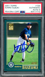 Ichiro Suzuki Autographed 2001 Topps Rookie Card #726 Seattle Mariners Auto Grade Mint 9 PSA/DNA #60417772