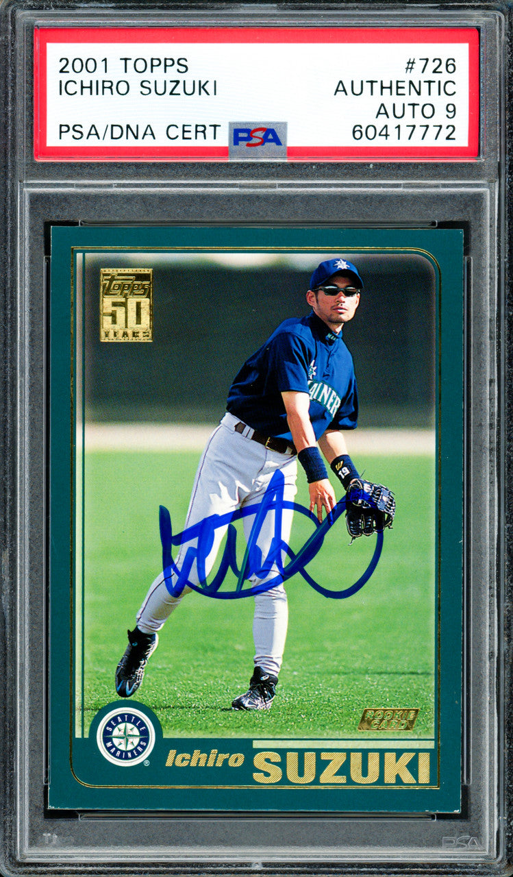 Ichiro Suzuki Autographed 2001 Topps Rookie Card #726 Seattle Mariners Auto Grade Mint 9 PSA/DNA #60417772