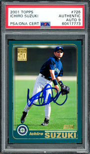 Ichiro Suzuki Autographed 2001 Topps Rookie Card #726 Seattle Mariners Auto Grade Mint 9 PSA/DNA #60417773