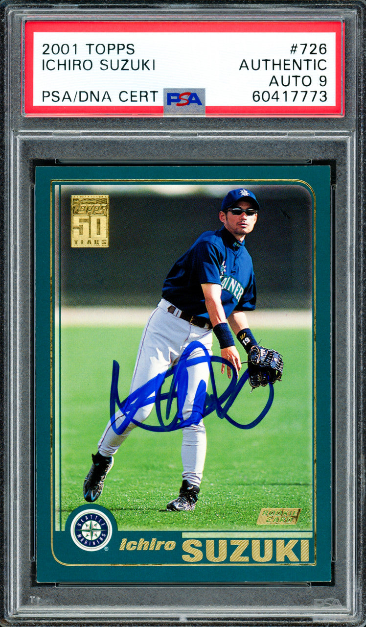 Ichiro Suzuki Autographed 2001 Topps Rookie Card #726 Seattle Mariners Auto Grade Mint 9 PSA/DNA #60417773