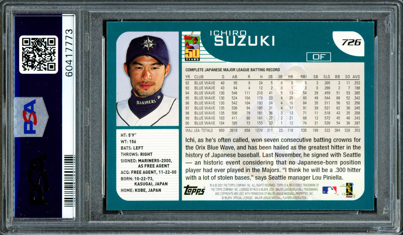 Ichiro Suzuki Autographed 2001 Topps Rookie Card #726 Seattle Mariners Auto Grade Mint 9 PSA/DNA #60417773