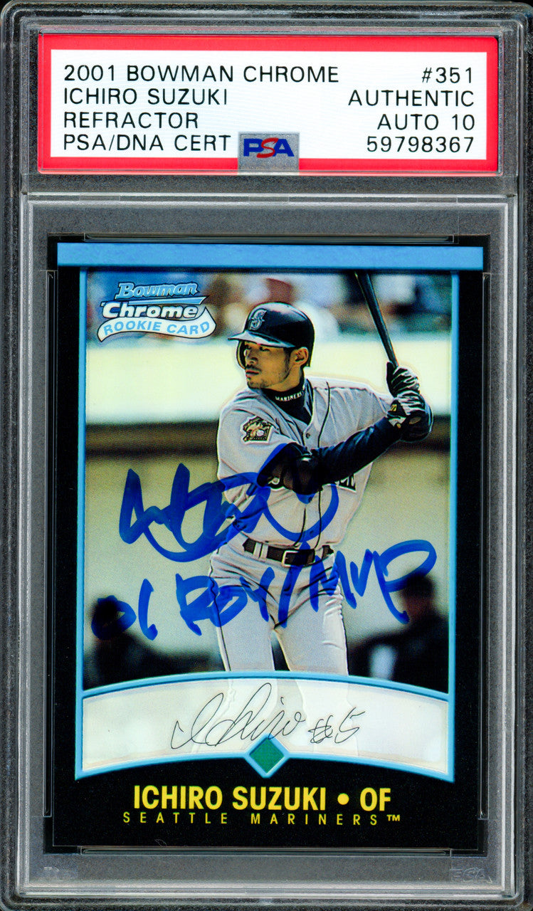 Ichiro Suzuki Autographed 2001 Bowman Chrome English Refractor Rookie Card #351 Seattle Mariners Auto Grade Gem Mint 10 "01 ROY/MVP" PSA/DNA #59798367