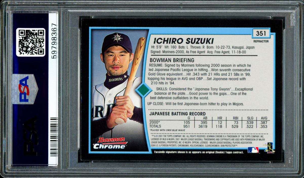 Ichiro Suzuki Autographed 2001 Bowman Chrome English Refractor Rookie Card #351 Seattle Mariners Auto Grade Gem Mint 10 "01 ROY/MVP" PSA/DNA #59798367