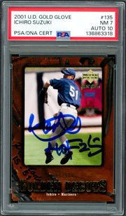 Ichiro Suzuki Autographed 2001 Upper Deck Gold Glove Rookie Card #135 Seattle Mariners PSA 7 Auto Grade Gem Mint 10 "HOF 25" #304/500 PSA/DNA #136863318