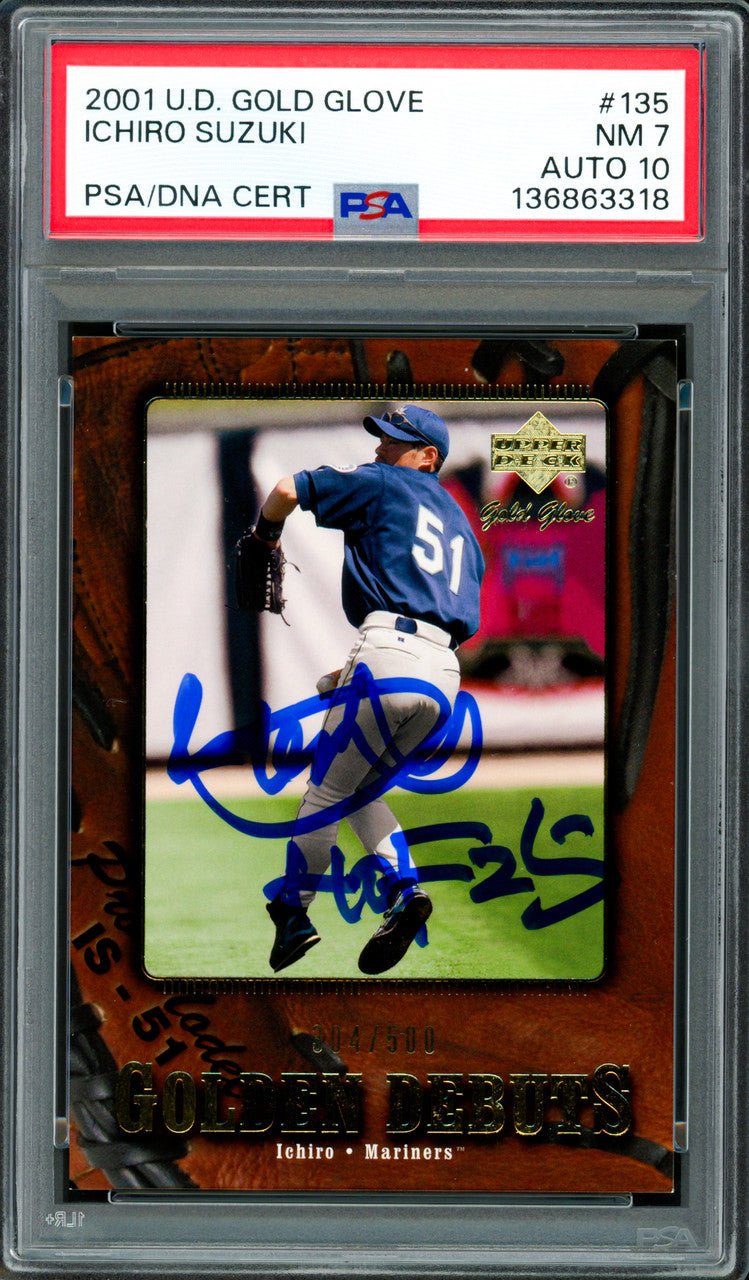 Ichiro Suzuki Autographed 2001 Upper Deck Gold Glove Rookie Card #135 Seattle Mariners PSA 7 Auto Grade Gem Mint 10 "HOF 25" #304/500 PSA/DNA #136863318