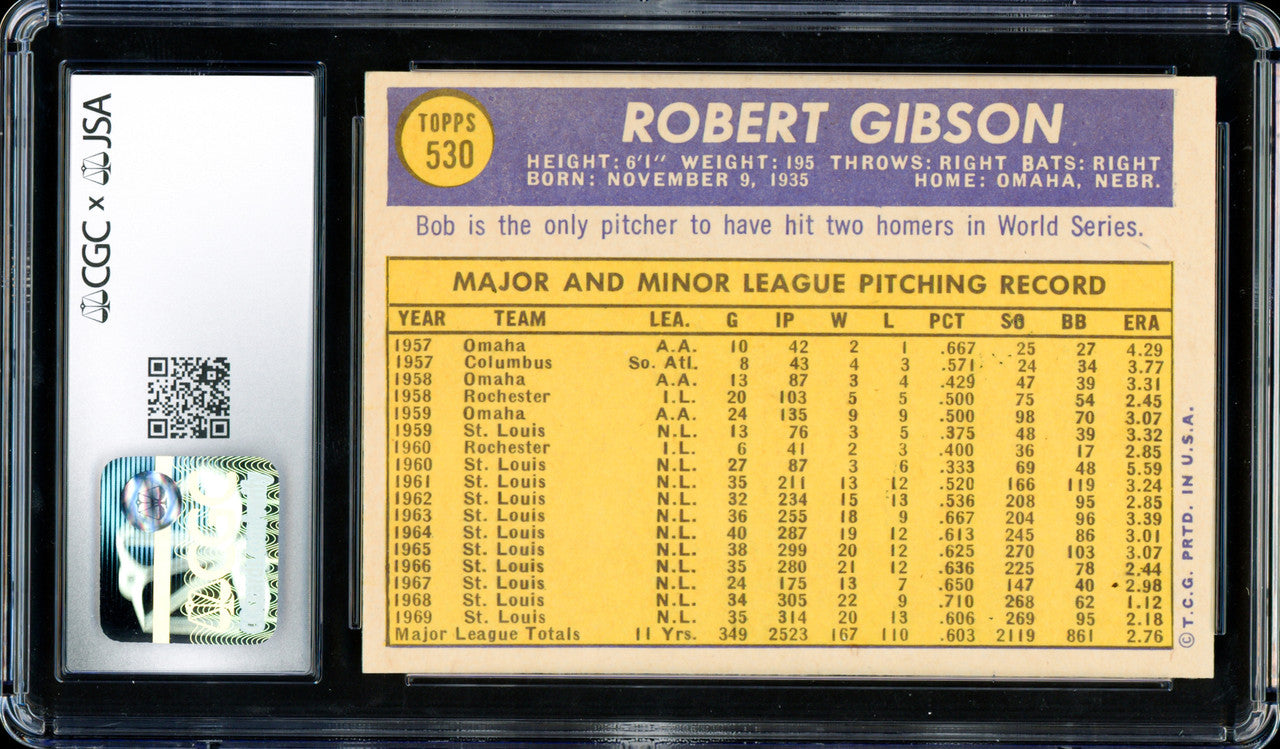Bob Gibson Autographed 1970 Topps Card #530 St. Louis Cardinals CGC x JSA 6 Auto Grade Near Mint/Mint 8 CGC x JSA #6003470013