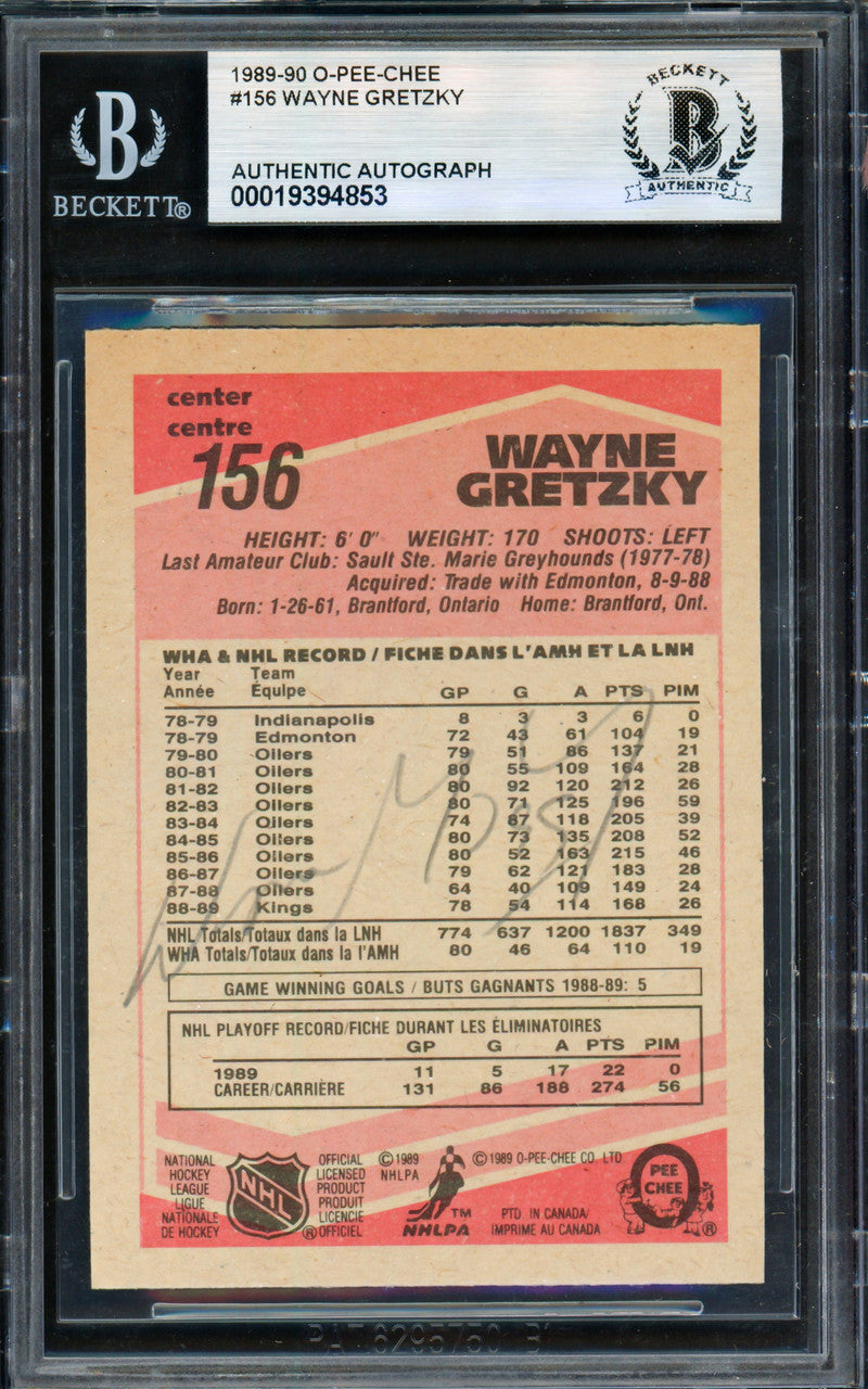 Wayne Gretzky Autographed 1989-90 O-Pee-Chee Card #156 Los Angeles Kings (Signed on Back) Beckett BAS #19394853