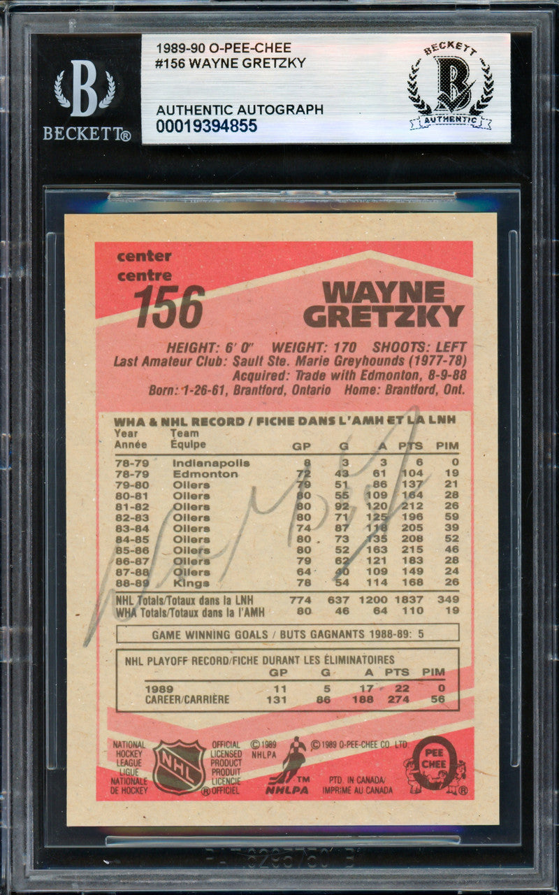 Wayne Gretzky Autographed 1989-90 O-Pee-Chee Card #156 Los Angeles Kings (Signed on Back) Beckett BAS #19394855