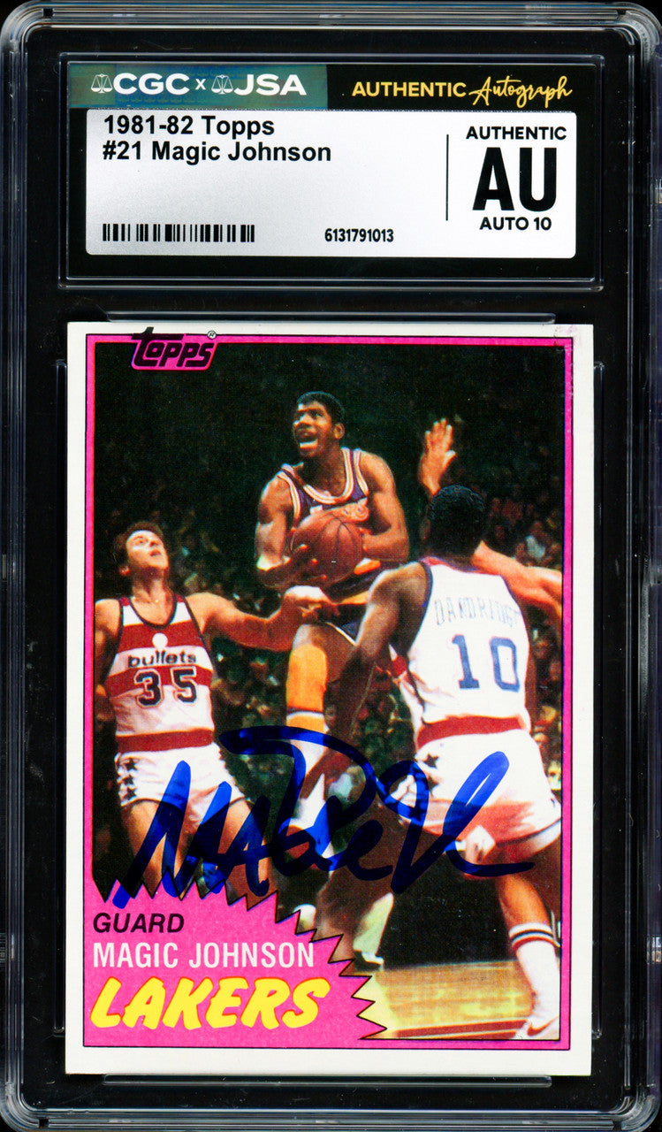 Magic Johnson Autographed 1981-82 Topps Card #21 Los Angeles Lakers Auto Grade Gem Mint 10 CGC x JSA #6131791013