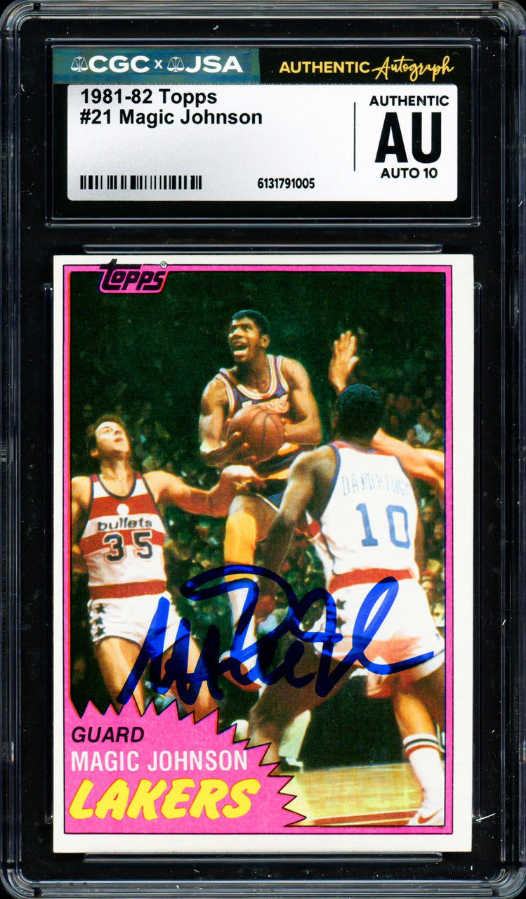 Magic Johnson Autographed 1981-82 Topps Card #21 Los Angeles Lakers Auto Grade Gem Mint 10 CGC x JSA #6131791005