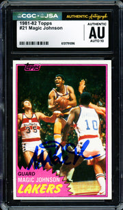 Magic Johnson Autographed 1981-82 Topps Card #21 Los Angeles Lakers Auto Grade Gem Mint 10 CGC x JSA #6131791096