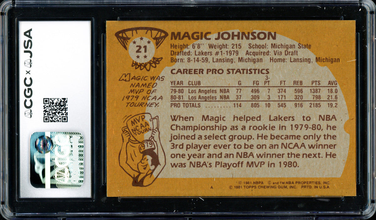 Magic Johnson Autographed 1981-82 Topps Card #21 Los Angeles Lakers Auto Grade Gem Mint 10 CGC x JSA #6131791096