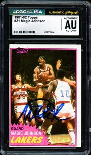 Magic Johnson Autographed 1981-82 Topps Card #21 Los Angeles Lakers Auto Grade Gem Mint 10 (Off-Center) CGC x JSA #6131791014