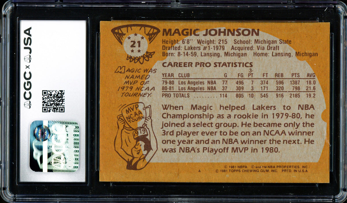 Magic Johnson Autographed 1981-82 Topps Card #21 Los Angeles Lakers Auto Grade Gem Mint 10 (Off-Center) CGC x JSA #6131791014