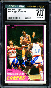 Magic Johnson Autographed 1981-82 Topps Card #21 Los Angeles Lakers Auto Grade Gem Mint 10 (Off-Center) CGC x JSA #6131791017
