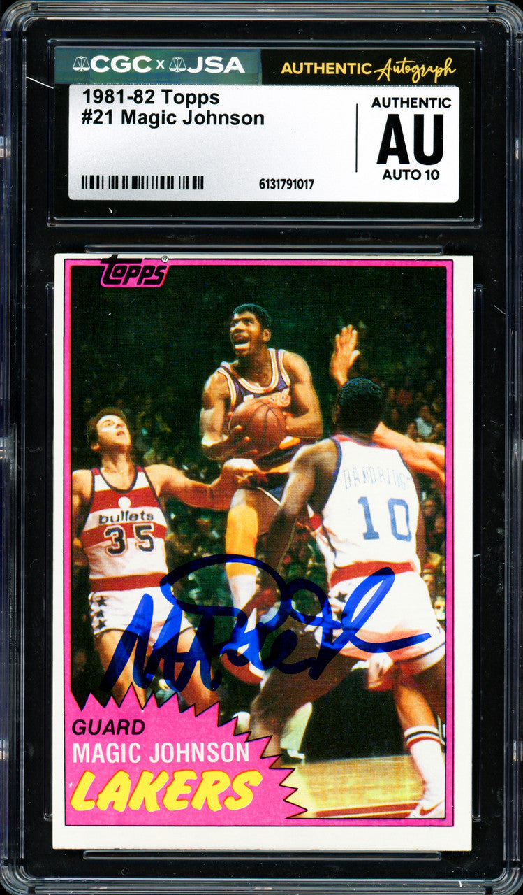 Magic Johnson Autographed 1981-82 Topps Card #21 Los Angeles Lakers Auto Grade Gem Mint 10 (Off-Center) CGC x JSA #6131791017