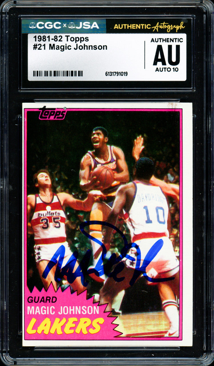Magic Johnson Autographed 1981-82 Topps Card #21 Los Angeles Lakers Auto Grade Gem Mint 10 (Off-Center) CGC x JSA #6131791019