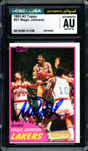 Magic Johnson Autographed 1981-82 Topps Card #21 Los Angeles Lakers Auto Grade Gem Mint 10 (Off-Center) CGC x JSA #6131791003