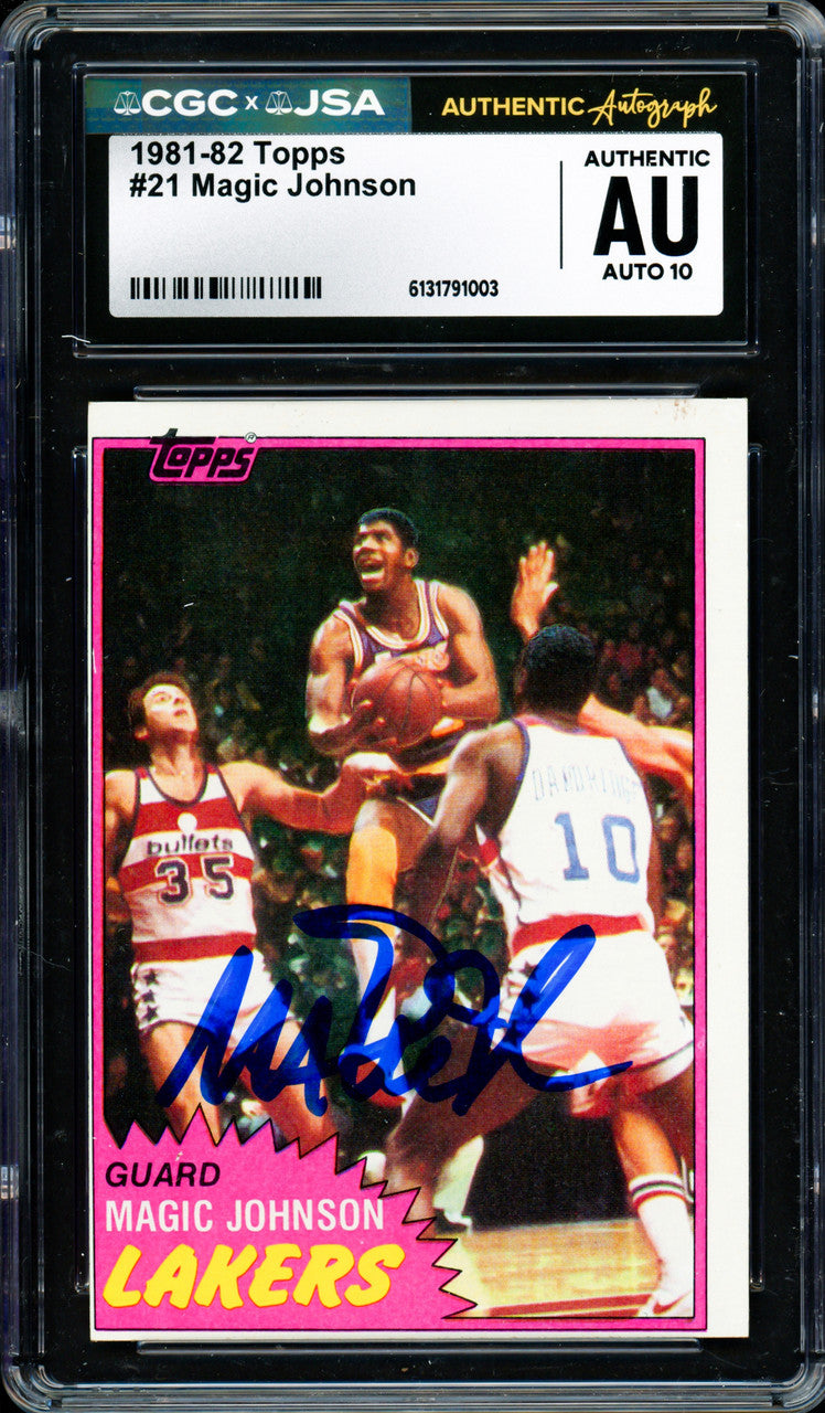 Magic Johnson Autographed 1981-82 Topps Card #21 Los Angeles Lakers Auto Grade Gem Mint 10 (Off-Center) CGC x JSA #6131791003