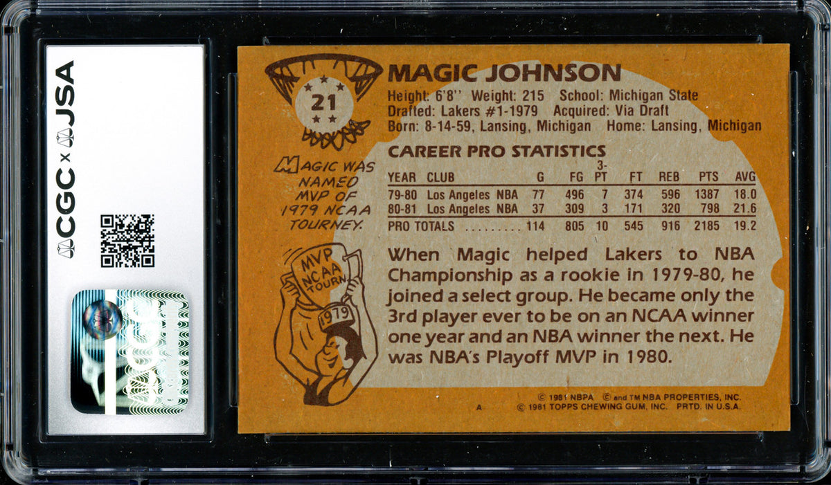 Magic Johnson Autographed 1981-82 Topps Card #21 Los Angeles Lakers Auto Grade Gem Mint 10 (Off-Center) CGC x JSA #6131791003