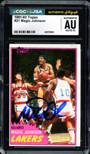 Magic Johnson Autographed 1981-82 Topps Card #21 Los Angeles Lakers Auto Grade Gem Mint 10 (Off-Center) CGC x JSA #6131791091