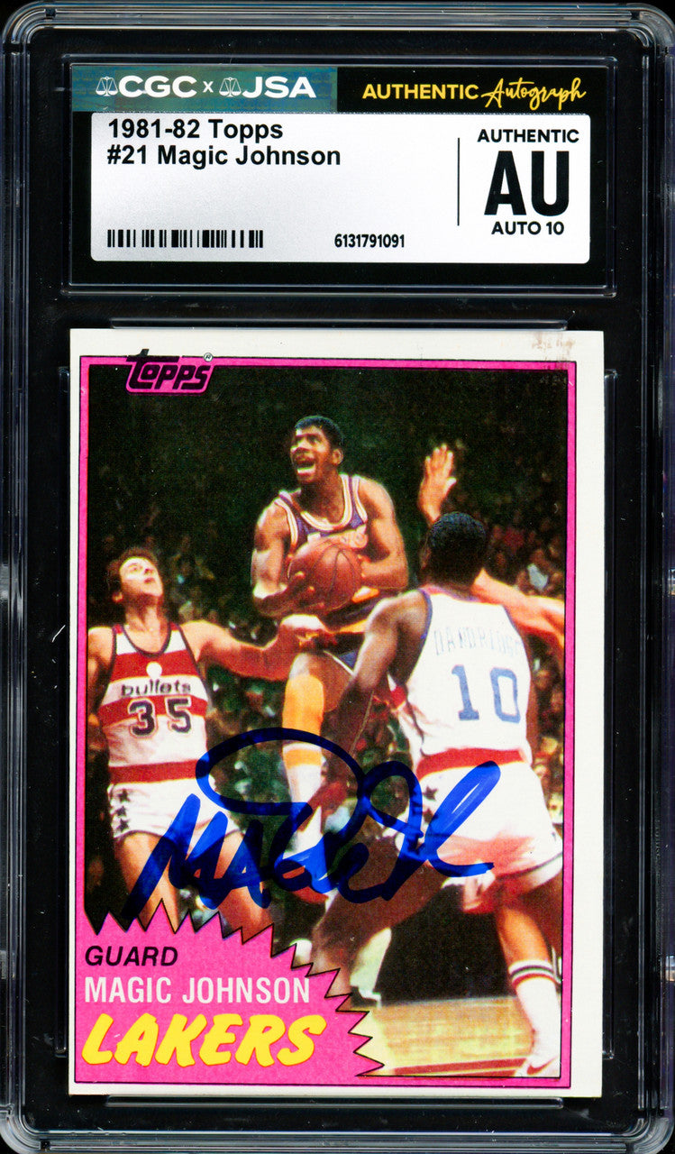 Magic Johnson Autographed 1981-82 Topps Card #21 Los Angeles Lakers Auto Grade Gem Mint 10 (Off-Center) CGC x JSA #6131791091