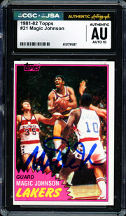 Magic Johnson Autographed 1981-82 Topps Card #21 Los Angeles Lakers Auto Grade Gem Mint 10 (Off-Center) CGC x JSA #6131791087