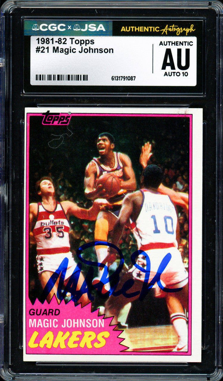 Magic Johnson Autographed 1981-82 Topps Card #21 Los Angeles Lakers Auto Grade Gem Mint 10 (Off-Center) CGC x JSA #6131791087