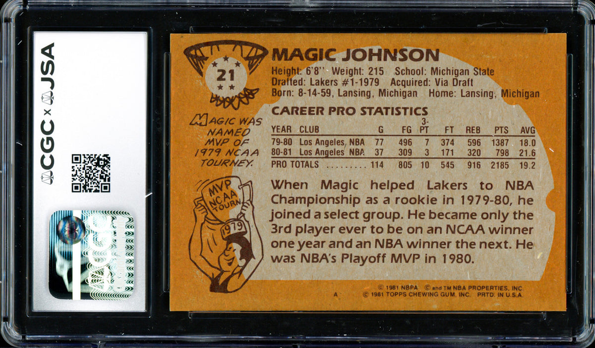 Magic Johnson Autographed 1981-82 Topps Card #21 Los Angeles Lakers Auto Grade Gem Mint 10 (Off-Center) CGC x JSA #6131791087