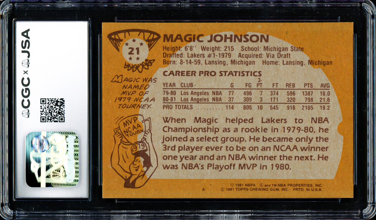 Magic Johnson Autographed 1981-82 Topps Card #21 Los Angeles Lakers CGC x JSA #6131791103
