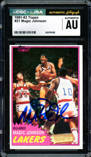 Magic Johnson Autographed 1981-82 Topps Card #21 Los Angeles Lakers (Smudged) CGC x JSA #6131791102