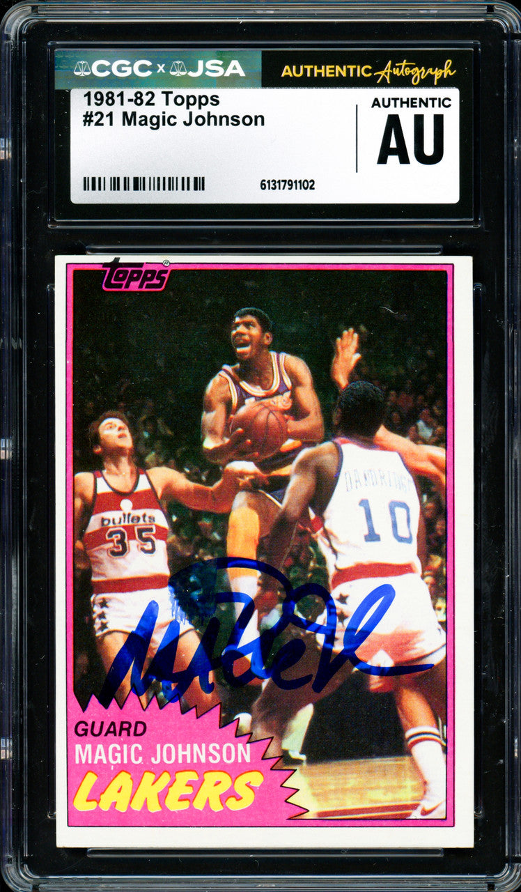 Magic Johnson Autographed 1981-82 Topps Card #21 Los Angeles Lakers (Smudged) CGC x JSA #6131791102