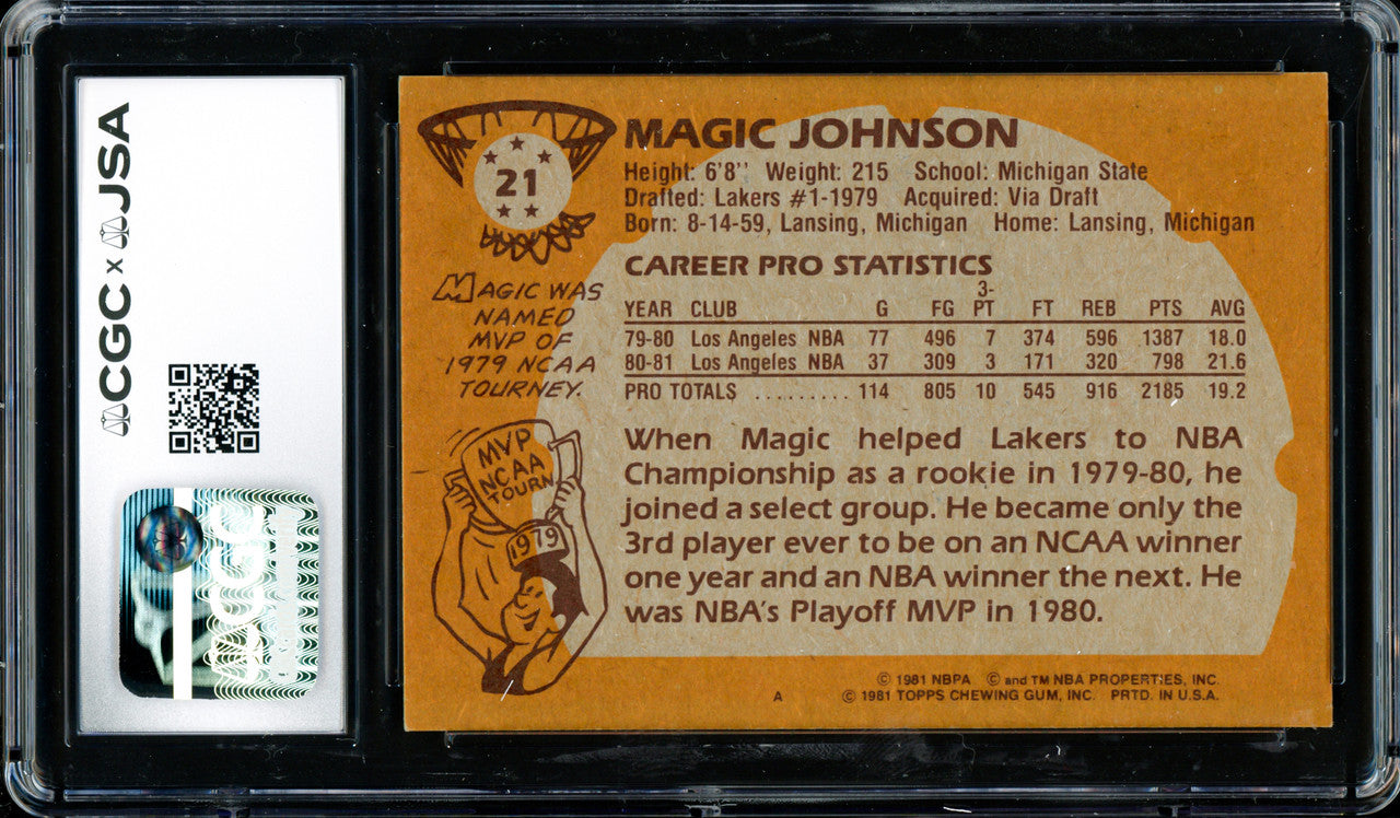 Magic Johnson Autographed 1981-82 Topps Card #21 Los Angeles Lakers (Smudged) CGC x JSA #6131791102