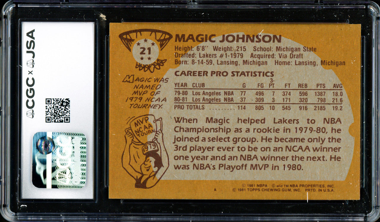 Magic Johnson Autographed 1981-82 Topps Card #21 Los Angeles Lakers CGC x JSA #6131791153