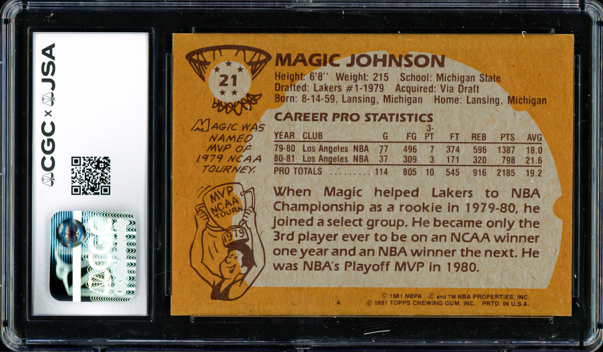 Magic Johnson Autographed 1981-82 Topps Card #21 Los Angeles Lakers (Smudged) CGC x JSA #6131791101